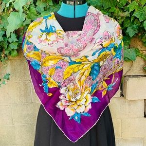 VTG Floral Scarf Wrap 60s 70s Purple Blue Peony Flower Square Boho Retro